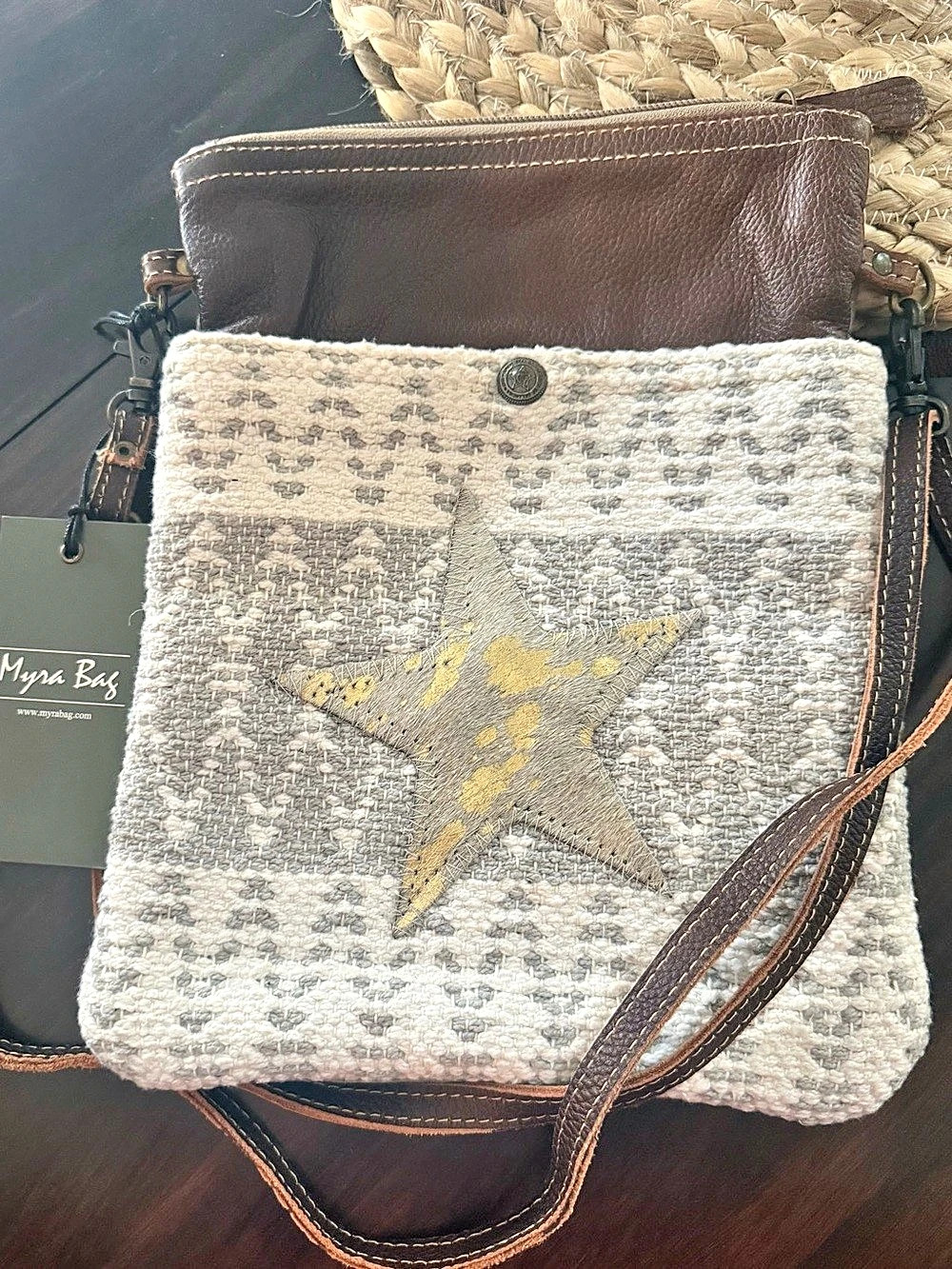 Myra Bag Woven Star Crossbody Bag in Brown & Gray NWT